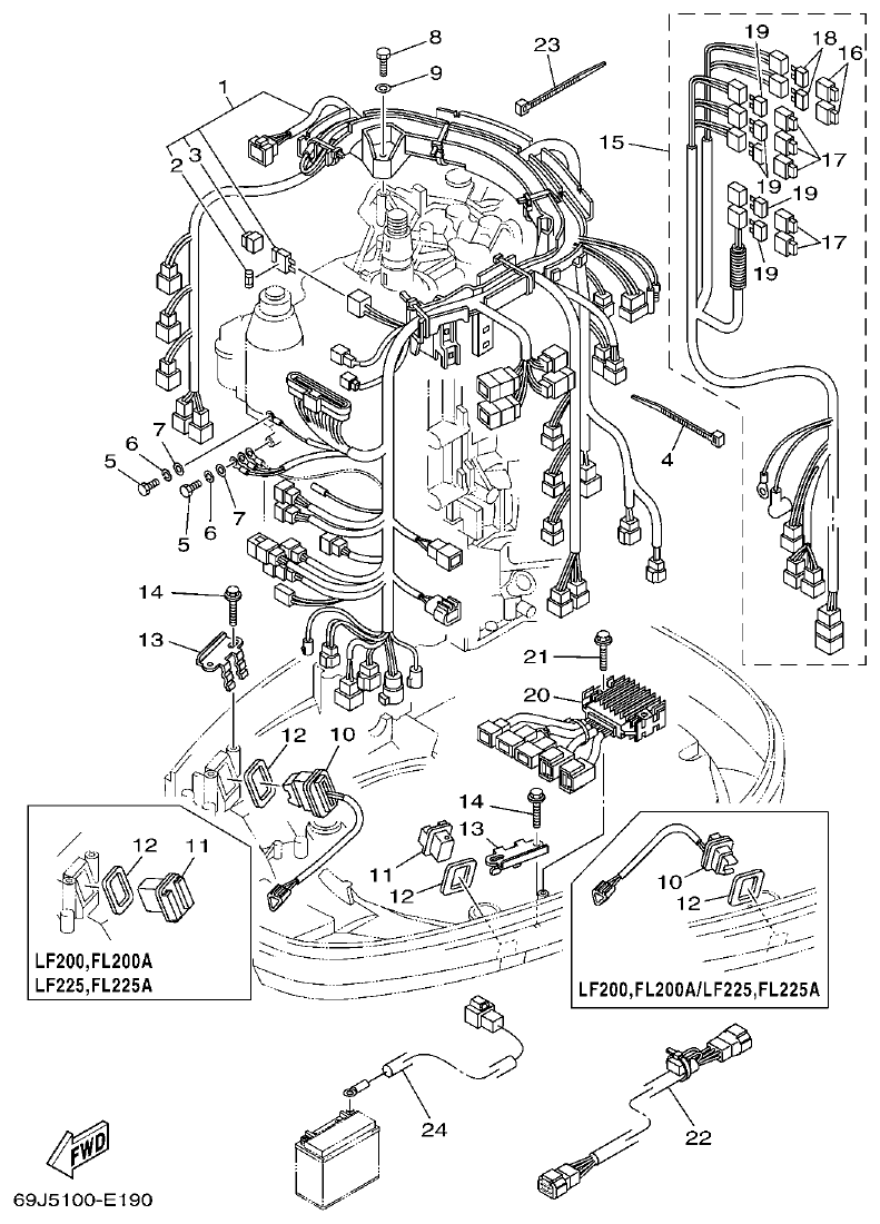 Yamaha F200A, F225A, FL200A, FL225A, F225TR, F200TR, LF225TR, LF200TR ELECTRICAL 3 parts diagram
